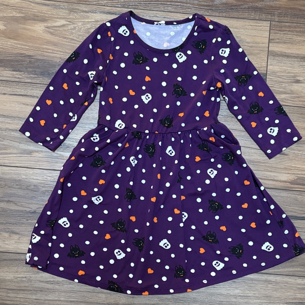 Purple Halloween Dress with Ghost and Cat Print